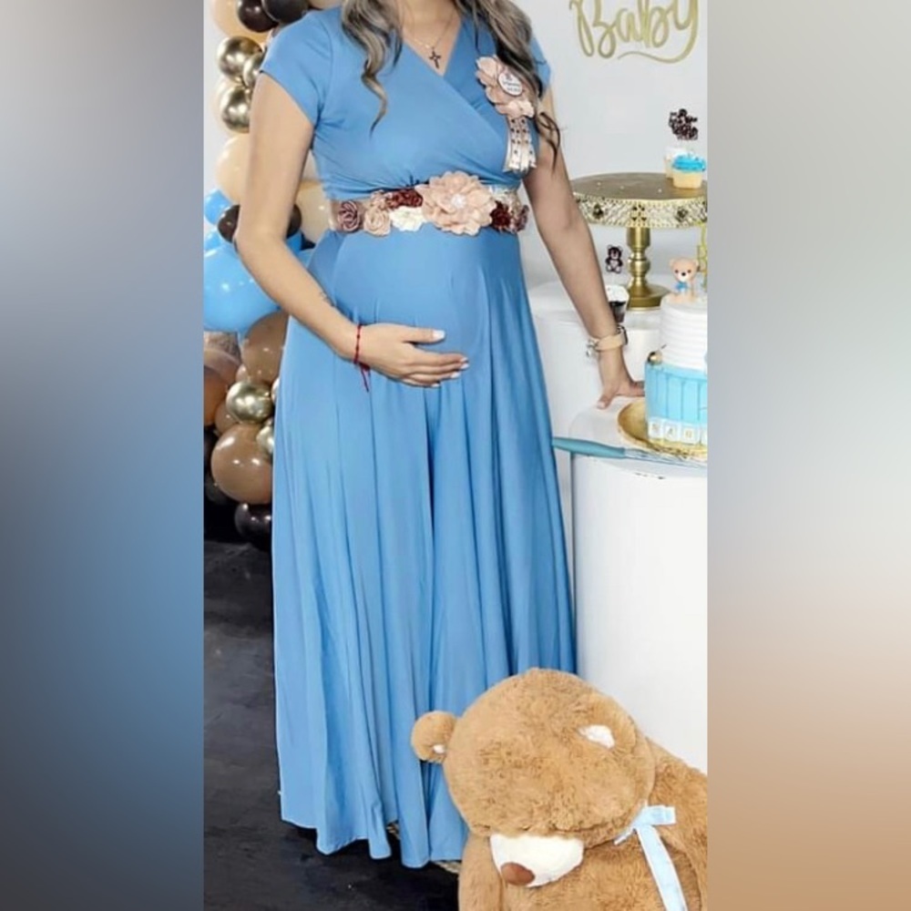 {KOH KOH} Long V-Neck Flowy Cap Short Sleeve V-Neck maternity Dress